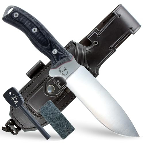JEO-TEC Nº 7 Outdoor Camping Gürtelmesser Jagdmesser Überlebensmesser Survival Bushcraft Messer - Deutsche Stahl BÖHLER N690C - Lederscheide + Feuerstahl + Messerschärfer