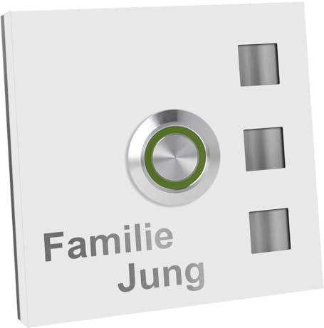 Jung-Edelstahl-Design Türklingel mit Gravur Köln Klingelplatte 7 x 7 cm. Led Taster. Weiss pulverbeschichtetes Klingelschild V2a Edelstahl. (LED grün)