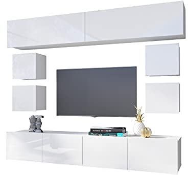 Wohnwand Calabrini XVI, Anbauwand, Mediawand, TV Lowboard, Wandregal, Hängeschrank, Fernsehschrank, Wohnzimmerschrank (Weiß/Weiß Hochglanz)