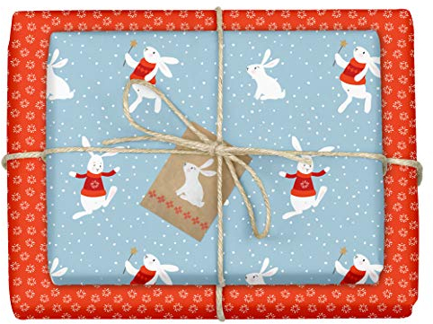 dabelino® 4x Geschenkpapier Weihnachten für Kinder Schneehase: 4 Bögen + 4 Anhänger Set, Weihnachtsgeschenkpapier | Öko, Recycling-Papier, für Jungen und Mädchen | hellblau, rot