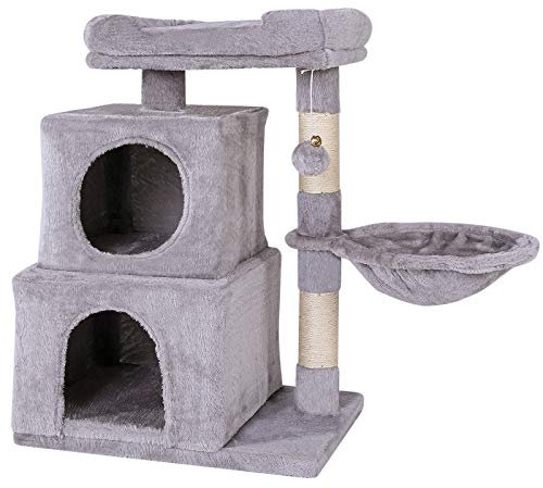 lionto Kratzbaum für Katzen mit Plüschball inkl. Glöckchen & Liegemulde, Höhe 70 cm, Katzenbaum mit Sisal & Plüsch, gemütliche Liegefläche & Höhlen, für kleine & große Katzen geeignet, hellgrau