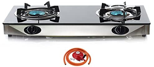 NJ NGB-S2 Indoor Gas Stove 2 burners Hob Black Glass Cooker 6.8kW with Regulator Set (Propane 27mm Clip-on)