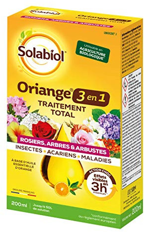 SOLABIOL Oriange Traitement Total 3 en 1 - Insectes Acariens Maladies - 200ml - 50L De Solution - Rosiers Arbres & Arbustes - A Base d’Huile Essentielle d'Orange Douce SOTOTORN200