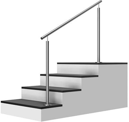 Edelstahl Treppengeländer Aufmontage, 1,4m lang, 0,9m hoch, Außengeländer, je 2 Pfosten ohne Querstreben + Handlauf mit Trägerplatten + Zubehör, Winkelverstellbar (L:1400mm H:900mm)