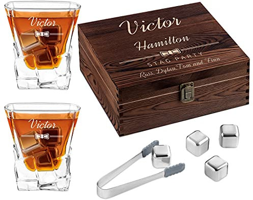 Maverton Whisky Stones & 2 Engraved Glasses Gift Set - 250ml Whisky Glasses in Personalised Wooden Box - Gift for Men - Gift idea for him - Stag Party