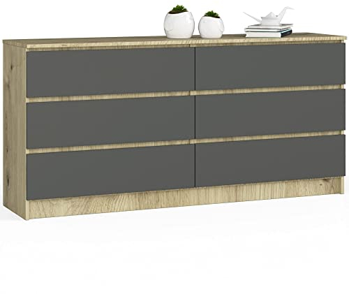 Kommode K-160 mit 6 (2 x 3) Schubladen | für das Wohnzimmer Schlafzimmer Schrank Büro Arbeitszimmer | Modernes Funktionales Design | B160 x H77 x T40 cm, Gewicht 70 kg | Artisan Eiche / Graphitgrau
