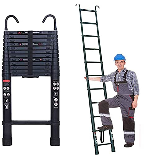Teleskopleiter mit Haken, 3,8m Alu Klappleiter Aluminium Leiter, Ausziehbar Schiebeleiter, Rutschfester Aluleiter Mehrzweckleiter Ausziehleiter, aus hochwertigem Aluminium, 150kg Tragkraft