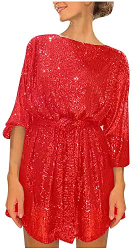 Azruma Kleid Damen samt Damen Kleid Party Kleid Damen&I3 Sexy Pailletten Rundhals Mini Kleid Elegant Langarm Kurz Kleid Sommer Party Shirtkleider Rot S