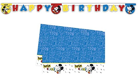 ALMACENESADAN-4737, Pack Mickey Compuesto por Mantel 120x180 cm y Guirnalda Happy Birthday de 2,40 Metros Aproximadamente, Ideal para Fiestas y cumpleaños. (8435510347376)