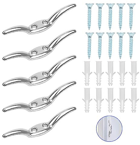 RUCUDIM Taquet Bateau, D'amarrage Crochet de Corde de Mât Inoxydable, ArgentéCrochet de Taquet de Cordage Aveugle avec vis Bouchons en Plastique pour Corde de Stores Yacht Dock Pont Base (5 Pièces)