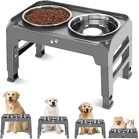 Elevated Dog Bowls, 4 Height Adjustable Raised Dog Bowl Stand with 2 Thick 50oz Stainless Steel Dog Food Bowls Non-Slip Dog Feeder for Large Medium Dogs Adjusts to 3.7, 9.2, 10.75, 12.36 Grey