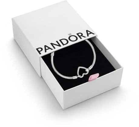 PANDORA Moments Women's Sterling Silver Heart Closure Snake Chain Bracelet, Size 17, With Gift Box