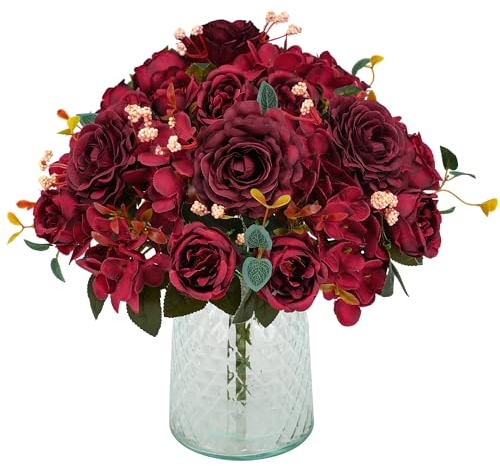 Floweroyal Ramo de flores artificiales de peonías artificiales, flores de hortensias de seda, vintage, para bodas, fiestas, centros de mesa, arreglos florales, decoración del hogar y la cocina