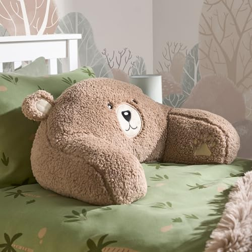 OHS Reading Pillow for Kids Teddy Fleece, Cuddle Cushion Gaming Pillow Soft Cosy Supportive Fluffy Fleece Cushion with Arms Backrest Relaxing Comfy, Brown Bear
