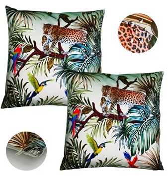 BIA Home Nora, 2er Set, Outdoor Kissenbezug und Kissenhülle, 45x45 cm, Wasserabweisend, Weiß, Tropen-Design, Frühling Deko, Ideal für Balkon Dekoration, Mit Tropenmuster und Leopard, Loungekissen