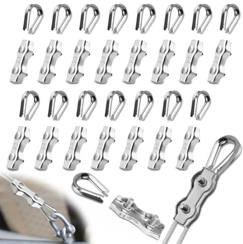 Mbsomnus Lot de 32 serre-câbles M2 avec 16 serre-câbles de 2 mm et 16 cosses de câble métallique de 2 mm en acier inoxydable 304 Duplex Serre-câbles pour câble en acier, tendeur de corde à linge,