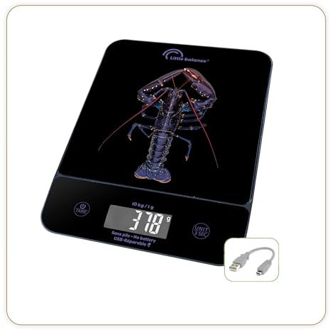 LITTLE BALANCE 8710 Happy Genius 10 Blue Homard, Balance de cuisine sans pile, rechargeable USB-C, Réparable, 10 kg, Blue Homard