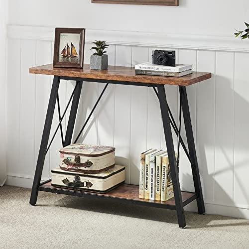 LIFUSTTG Industrial Sofa Console Table with Storage Shelves, Hallway Entryway Table for Living Room, 39.4 Inch Narrow Foyer Table TV Console Table with Metal Frame, Rustic Brown