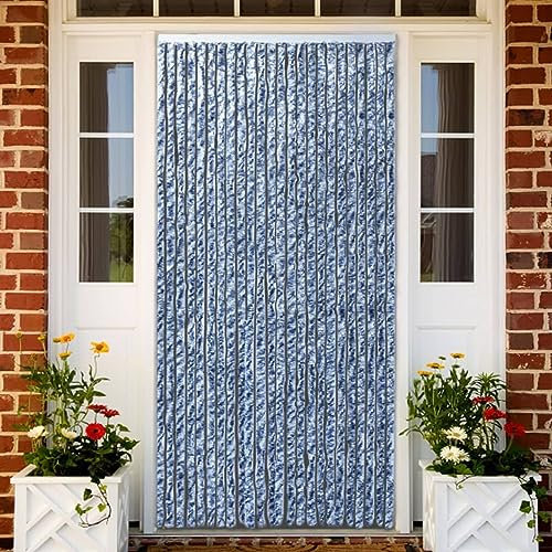 Homgoday Moustiquaire bleu blanc et argent, 100 x 220 cm, chenille, mobilier, moustiquaire pour porte, moustiquaires pour fenêtres, rideau de porte extérieure, rideau anti-mouches