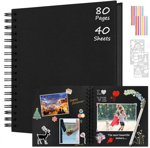 Boic Fotoalbum zum Selbstgestalten 24x24cm, DIY Spiralalbum 80 Seiten Fotoalben Scrapbook, Fotobuch für Baby Valentinstag Geburtstag Weihnachten Geschenk (Schwarz)