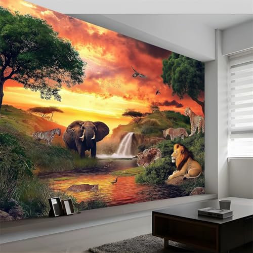 Papier Peint Panoramique Art Fantastique 3D Peinte Art fantastique animaux éléphants lions Intissé Murale, 350 x 256 cm (L x H) Photo Murale pour Salon Chambre d'enfants Restaurant Décoration Murale
