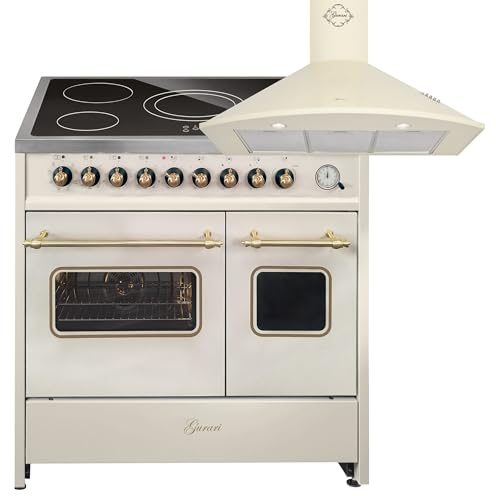 GURARI Elektro-Standherd GCH E 912 DF Cr r+GCH C 046 BG 9, Elektro Standherd 90 cm mit 1-fach-Teleskopauszug, Doppelbackofen+Dunstabzugshaube 90cm