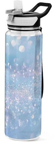 Sevdomey Blue Glitter Water Bottle with Straw Lid Clear Leakproof Gym Water Bottles for Outdoor Sport Drinking Fitness Workout Travel, 32 oz