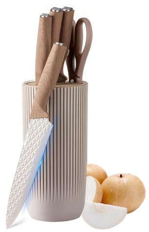 Kitchen Knife Block Set, 6-Piece Khaki Professional Kitchen Knife Set for Chef, Super Sharp Knife Set with Universal Knife Block, Stainless Steel Kitchen Knife Block Set, Ergonomical Design (Khaki)