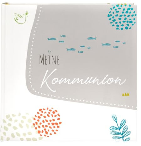 goldbuch 03 106 Fotoalbum MEINE Kommunion, Album 25 x 25 cm, Fotobuch mit 44 weißen Seiten mit Pergamin-Trennblättern, 4 illustrierten Seiten, 6 Designseiten zum Einkleben, Kunstdruck, Weiß-Grau