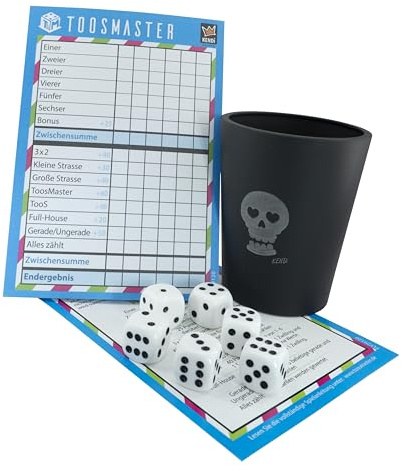 KENDi GAMES Würfelbecher-Set - mit 6 Würfeln & Spielblock (TOOSMASTER) : Kautschuk-Becher mit Totenkopf-Motiv : rutschfest, leise und robust : Für Würfelspiele & Spieleabende