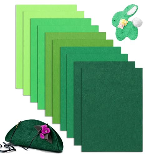 YSWOVUO 10 Stück 20x30cm Bastelfilz 2mm, Filzstoff zum Basteln, Polyester Steifer Filz für DIY Aufbewahrungstasche Filzunterlage Patchwork Nähen Basteln Handwerken Dekoration, Filz Grüne Serie