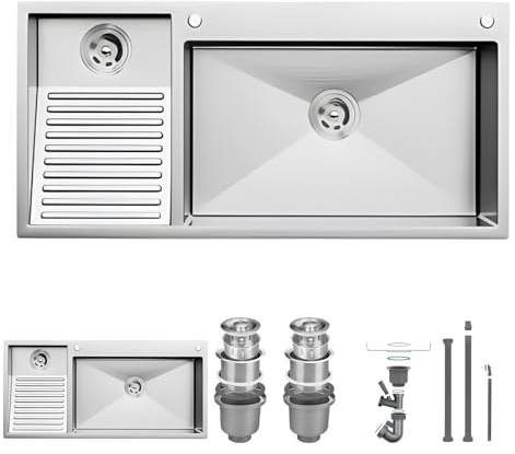 Fregadero De Acero Inoxidable SUS304 Con Tabla De Lavar – Lavadero Grande Para Lavandería, Garaje, Sótano Y Balcón – Montaje Empotrado – Con Kit De Drenaje(Left,90x48cm)