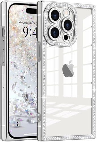 ROSEHUI Glitter Case for iPhone 14 Pro Max,Clear Rectangle Electroplated Sparkle Bumper with Bling Rhinestones Phone Case for Women,Sparkly Diamond Camera Protection Soft Slim TPU Cover-Silver