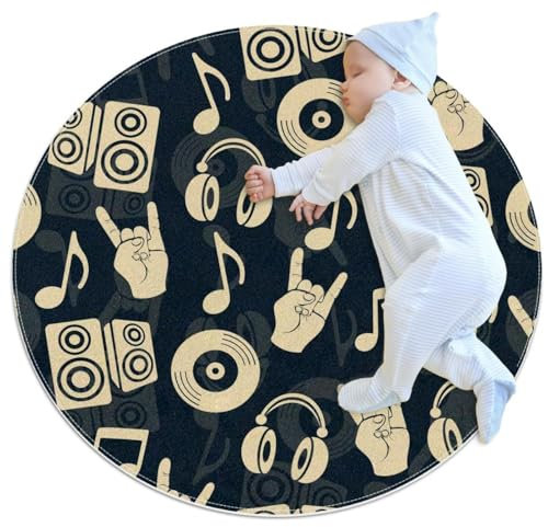 VAPOKF Kleine Teppiche, Badezimmerteppich, Musiknoten, Kopfhörer, Audio-Disc, CD-Druck und Kamille, rutschfester Überwurf, Teppich, Fußmatte, für Sofa, Schlafzimmer, Kinderzimmer, Dekoration, rund, 1