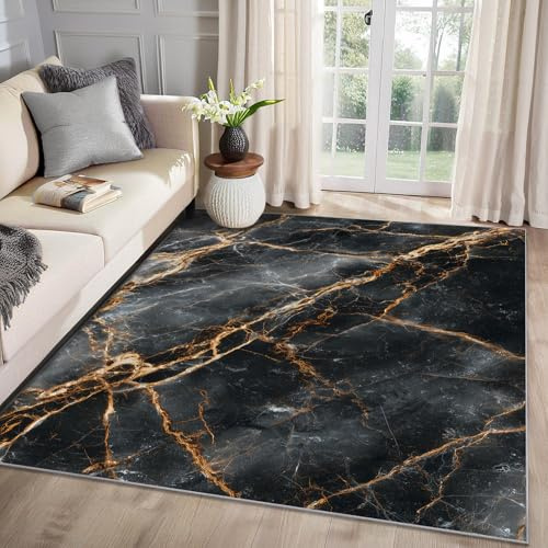 MMYAOKEN Marmor Teppich Wohnzimmer 160x230 Modern Abstrakt Schwarz Gold Deko, Großer Teppich Kurzflor, Weich rutschfest Waschbare Teppiche, Bettvorleger Schlafzimmer Kinderzimmer