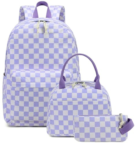 BLUBOON Schulrucksack, Teenager, Mädchen, Jungen, Kinder, Schulbuchtaschen mit Lunchbox, Federmäppchen, Lila und Weiß kariert, Large, Schulrucksack