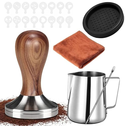 51mm Barista Zubehör für Espresso Maschine - Espresso Tamper Set, Kaffeemaschine Zubehör 51mm 304 Tamper,350ml Edelstahl Aufschäumkrug,Latte-Art-Stift,Tamper Matte,16 Kaffee-Schablone, Reinigungstuch