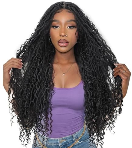 FAVE Perruque Synthétique Faux Locs 75cm - Full Lace Front avec Baby Hair - Style Déesse Bouclées Sans Nœuds pour Femme