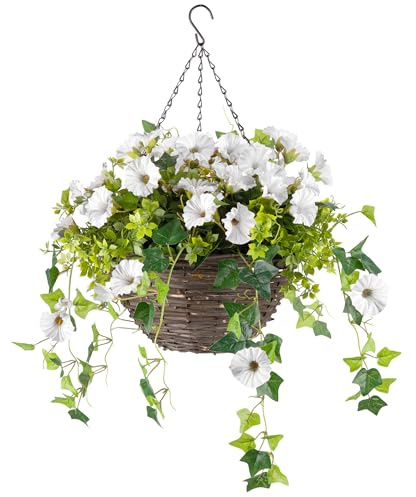 CHRISTOW Artificial Petunia Hanging Basket, White, 30cm | Ready to Hang Wicker Basket, Realistic Petunias, Gypsophila & Ivy, UV-Protected Foliage, Triple Steel Hanging Chain with Hook