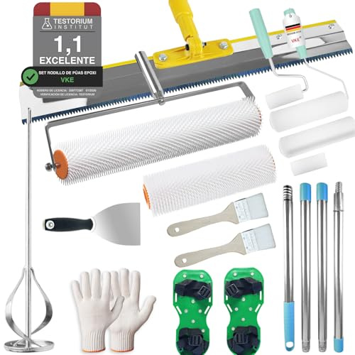 VKE Kit Autolivellante Pavimenti Rullo Frangibolle 11mm con Telescopica | Frusta 40cm, Rullo di Sfiato Lunghezza Chiodi 11MM, Spatola, Asta Telescopica 162 CM,Materiale PP Scarpe Chiodate per Prato