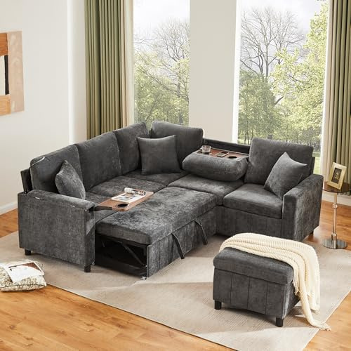 BTM Chenille-Ecksofa mit Schlaffunktion, Ausziehsofa Hocker, Leselampe, USB/Type-C, Ausgestattet verstecktem Tisch, Ausklappbarer Couchtisch mit Zwei Getränkehaltern; grau, 205x205x85CM