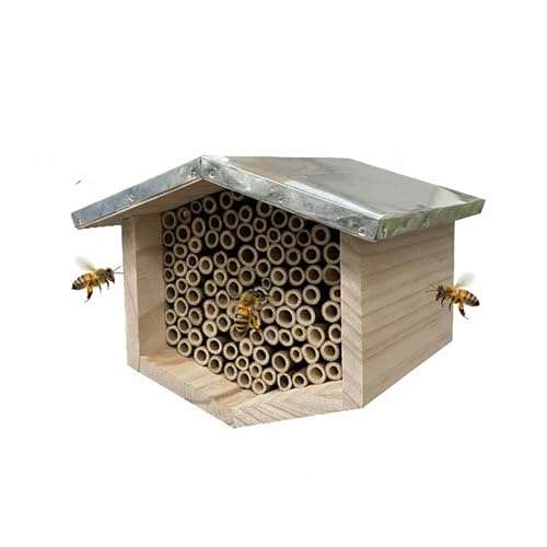 Relaxdays Bienenhotel, Holz, wetterfestes Metalldach, Bambusröhrchen, Garten, Insektenhotel zum Aufhängen, Natur/Silber