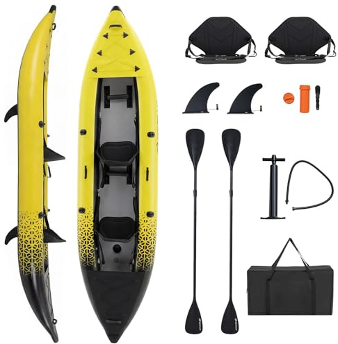 COSTWAY Kayak Gonfiabile 2 Posti, Kayak da Pesca Gonfiabile e Portatile 381 cm con 2 Sedili Imbottiti e Poggiapiedi Regolabili, Remi in Alluminio, Pompa a Mano, Ideale per Lago e Mare (Giallo)