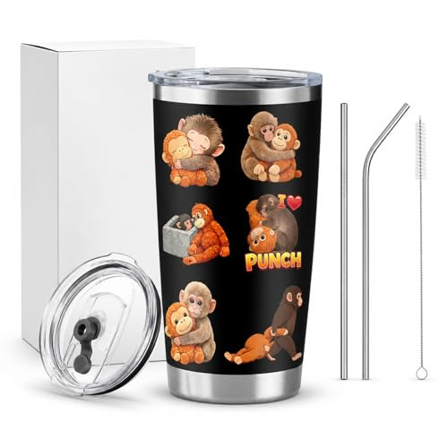 Punch Monkey Travel Mug, Stainless Steel Insulated Coffee Cup with Lid and 2 Straws, Insulated Cup for Home Office and Travel, Creative Travel Coffee Cup for Hot and Cold Drinks, Punch Monkey Gifts