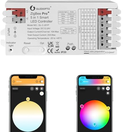GLEDOPTO ZigBee 3.0 Pro+ Controller LED 5 in 1, DC 12-24 V, RGBCCT, RGBW, RGB, WWCW, dimmerabile, compatibile con Alexa, H*ue, Tuya, Smart Life, diverse modalità di controllo