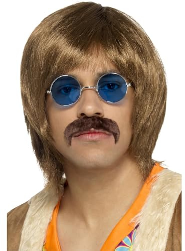 Smiffys 60s Hippie Kit, Brown with Wig, Tash & Hippie Specs, 1960's Groovy Fancy Dress, Adult Dress Up Wigs Halloween