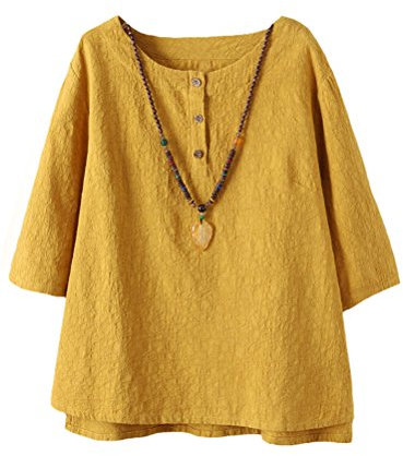 Vogstyle Women's New Cotton Linen Tunic Tee Shirt Jacquard Tops Yellow L