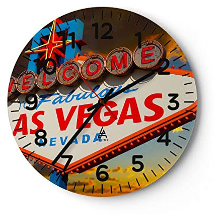 Modern Wanduhr Amerika bestimmungsort las Vegas 30x30cm Rund Klein Wand Uhr Glas Analog Zimmeruhren Küche Büro Wohnzimmer Glasuhr Wall Clock Dekoration Design Wanddekoration Küchenuhr C4AR30x30-2594