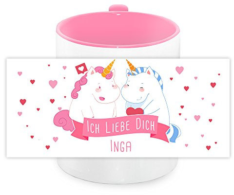 Einhorn-Tasse mit Namen Inga und schönem Unicorn-Motiv mit Herzen und Text - Ich liebe dich - für Verliebte zum Valentinstag