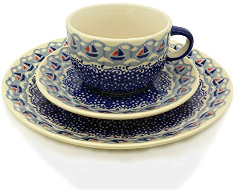 Bunzlauer Kaffee-Gedeck mit Tasse, Untertasse und Teller 21,5 cm (Dekor AHOI)